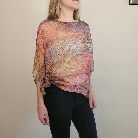 Cocoon House 100% Silk Top One Size OS Poncho Wrap Sheer Tunic Small Medium Lg - Picture 8 of 11